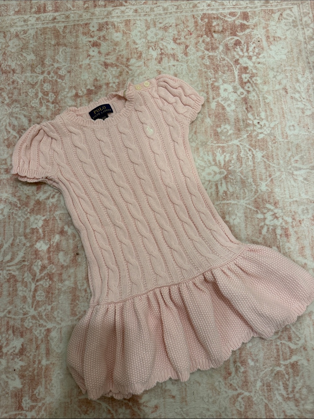 Polo by Ralph Lauren Pale Pink Cable-Knit Ruffle Hem Dress